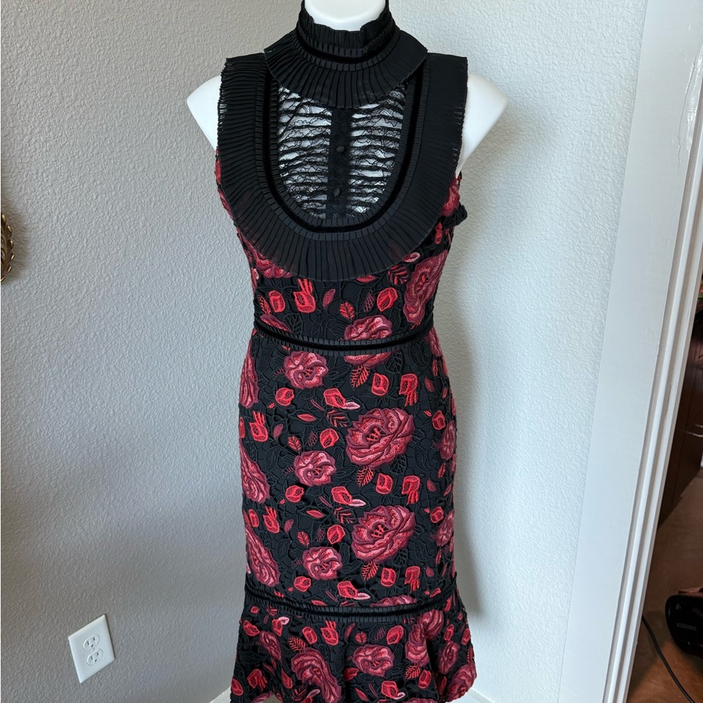 Alice + Olivia Black Midi Dress with Red Floral Embroidery